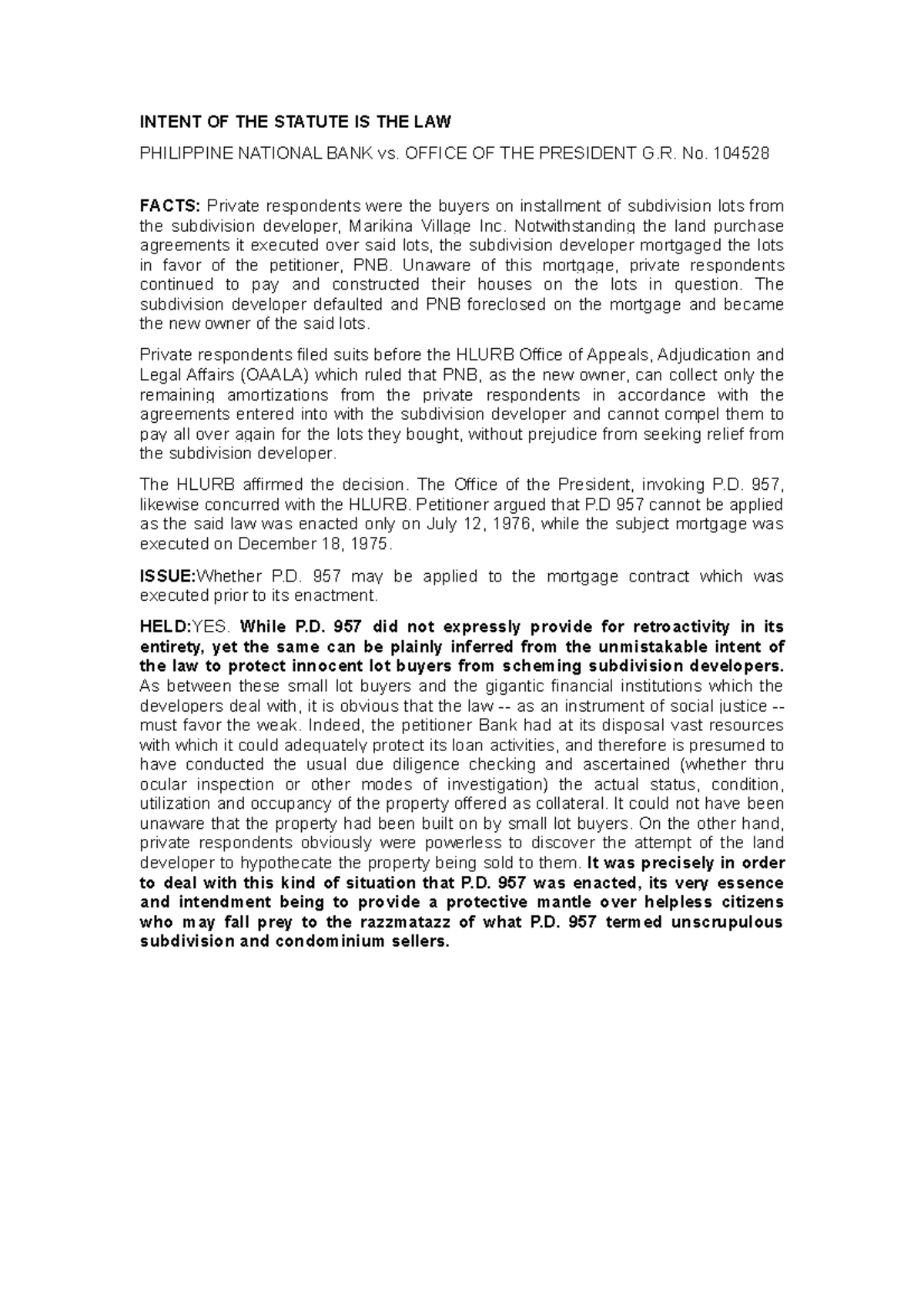 Philippine National BANK vs INTENT OF THE STATUTE IS THE LAW