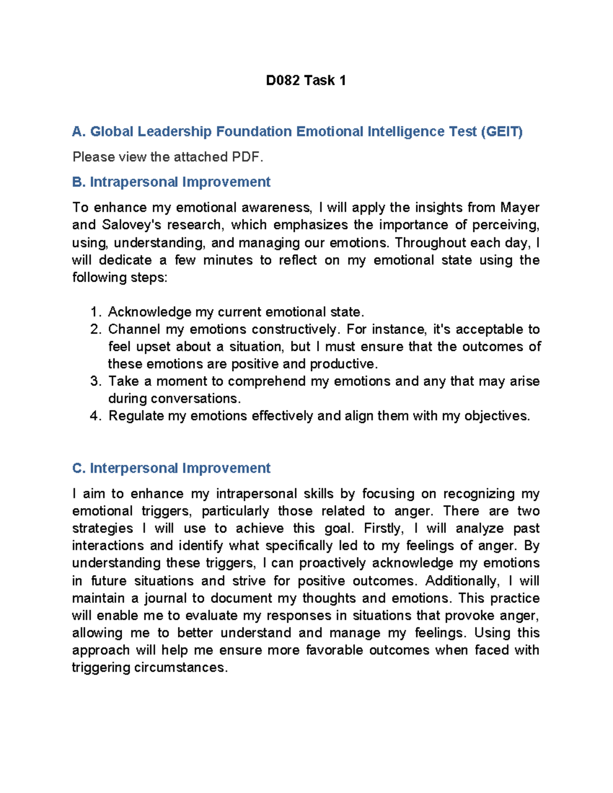 D082 Task 1 Emotional Intelligence - D082 Task 1 A. Global Leadership ...