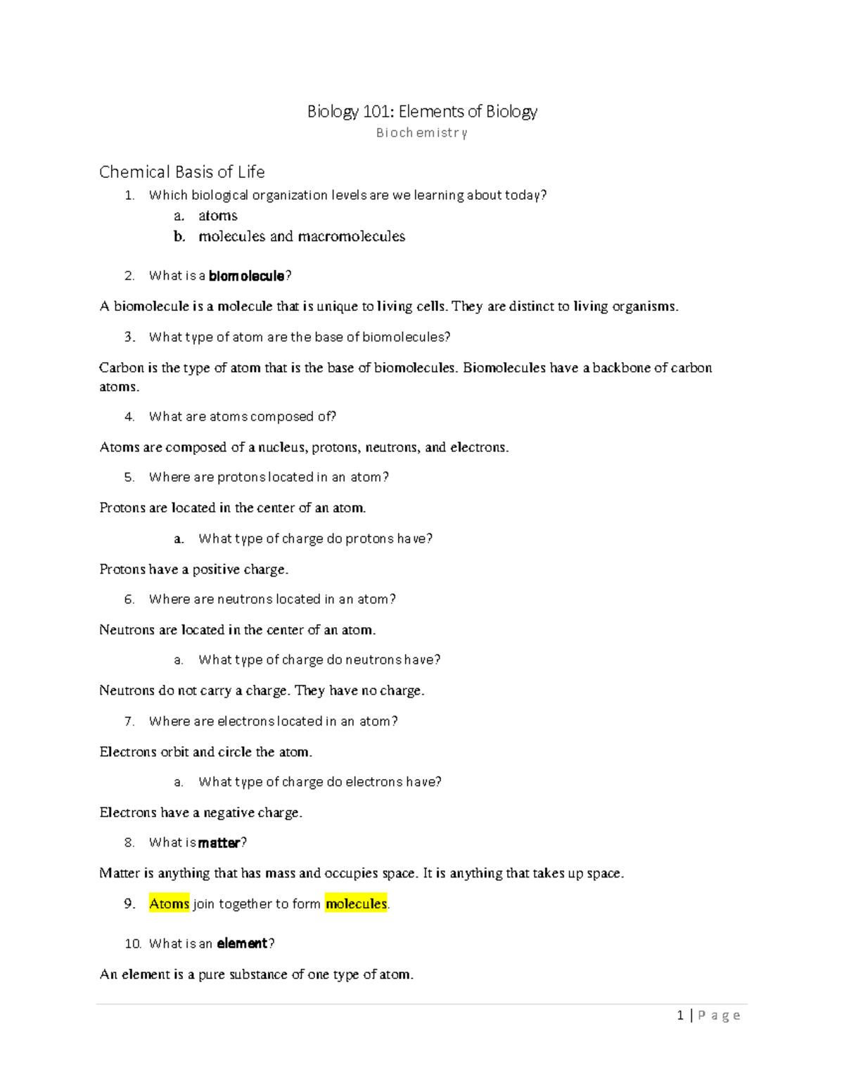 Biology 101 Biochem Notes CJohnson-1 (2) - Biology 101: Elements of ...