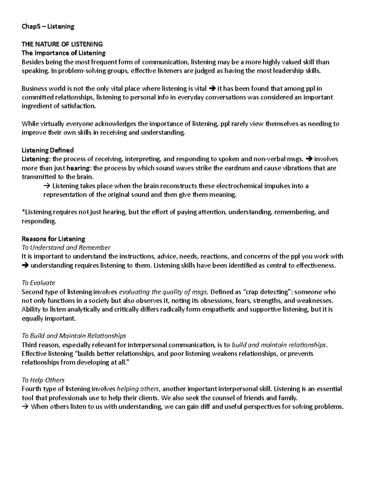 Chapter 5 - lecture notes - Chap5 – Listening THE NATURE OF LISTENING ...