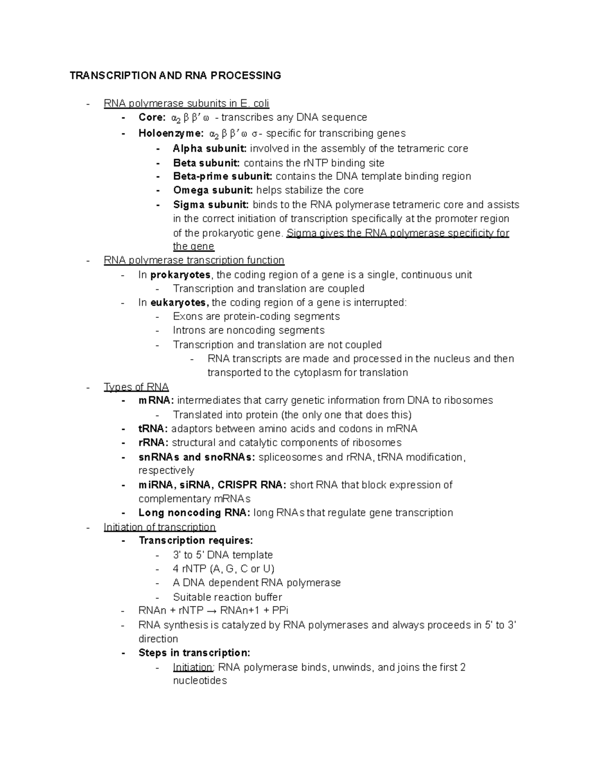 Transcription and RNA processing notes - TRANSCRIPTION AND RNA ...