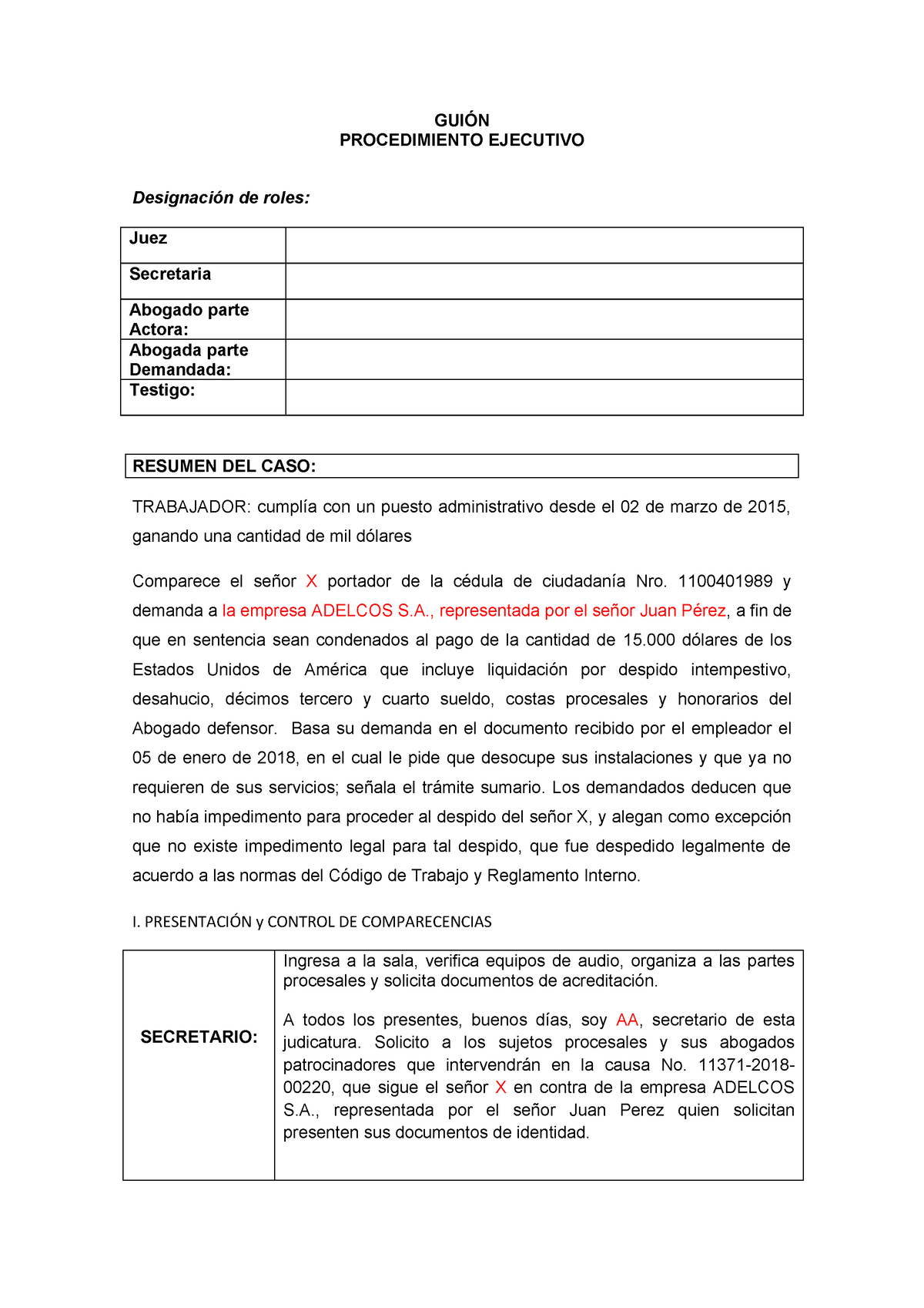 Guion De Audiencia De Demanda GuiÓn Procedimiento Ejecutivo Designación De Roles Juez 2412