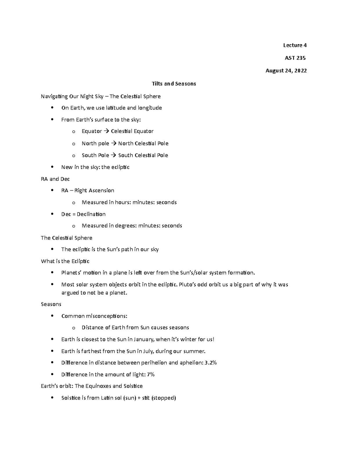 3a. Tilt and Seasons - Professors notes - Lecture 4 AST 235 August 24 ...