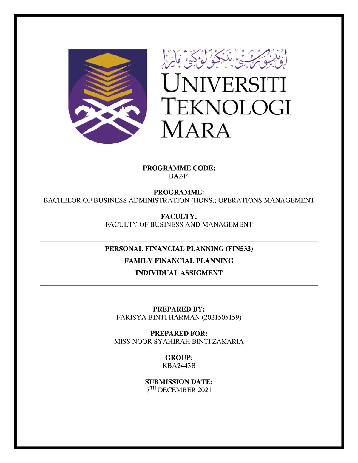 FIN533 Individual Assignment - PROGRAMME CODE: BA PROGRAMME: BACHELOR ...