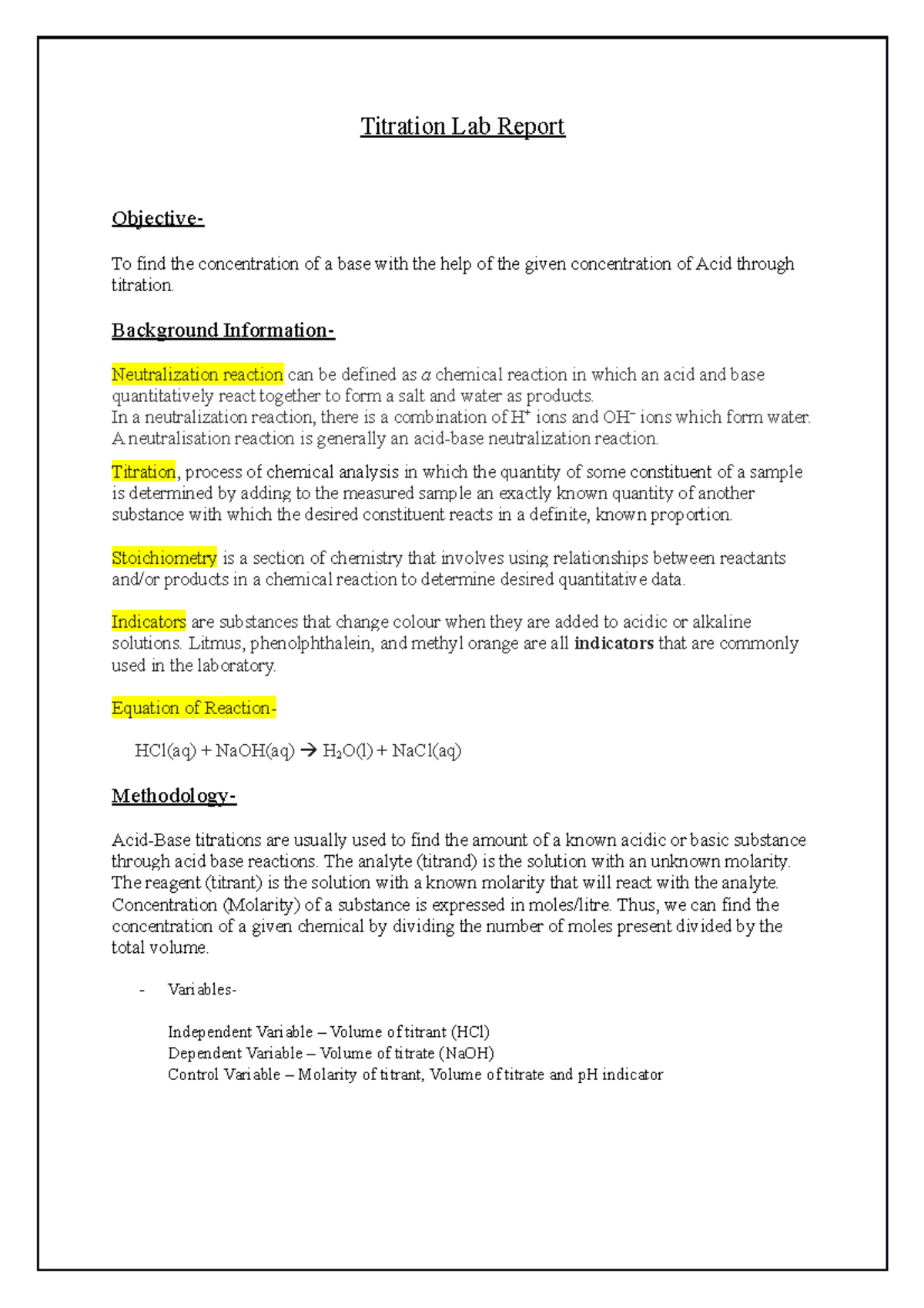 Titration Lab Report Titration Lab Report Objective To find the