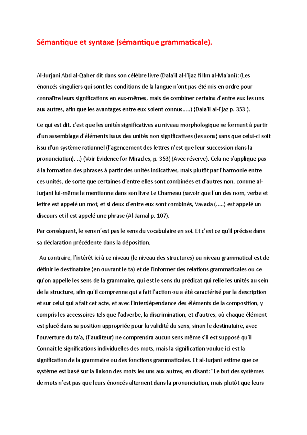 Sémantique et syntaxe (sémantique grammaticale) - Al-Jurjani Abd al ...
