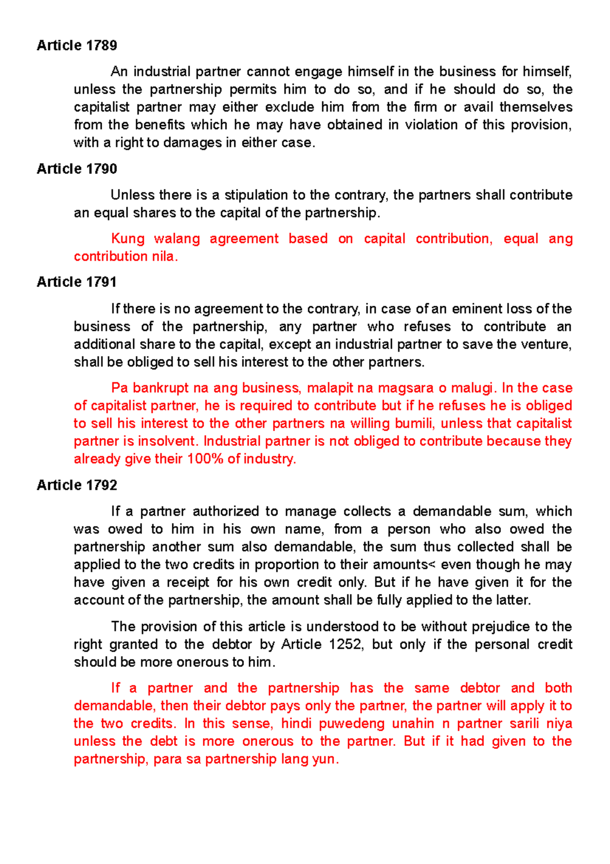 Law on partnership by de leon from article 1789 1809 article 1789