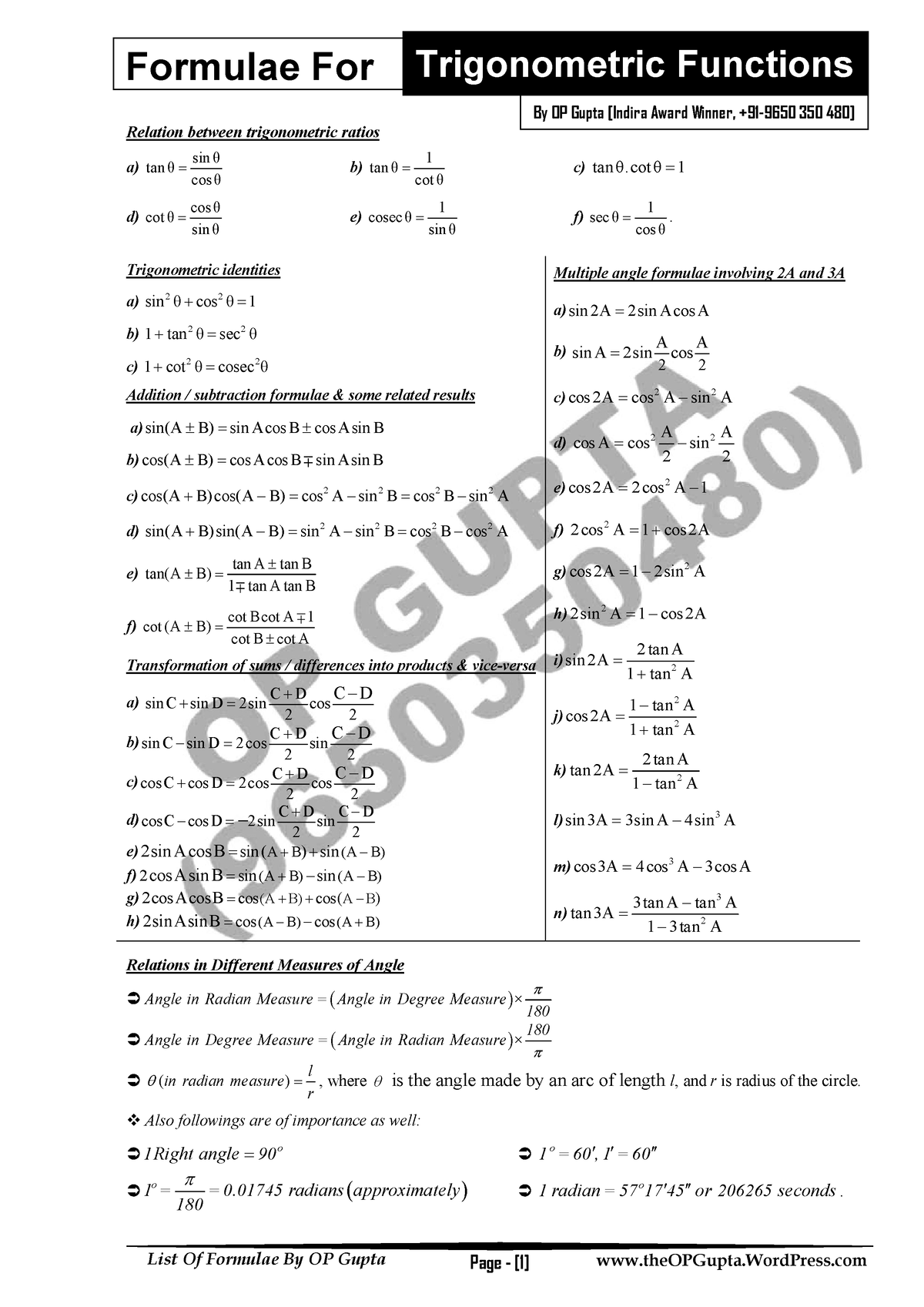 Formulae Trigonometry - List Of Formulae By OP Gupta Page - [1 ...