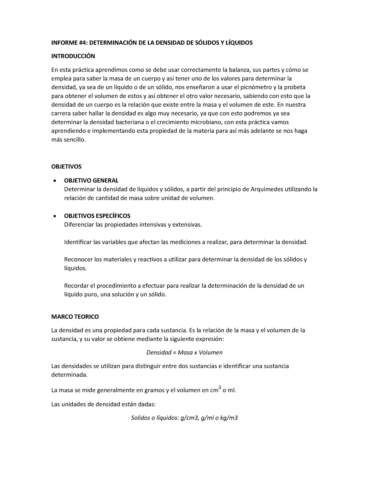 Informe 4 Determinación De La Densidad De Sólidos Y Líquidos