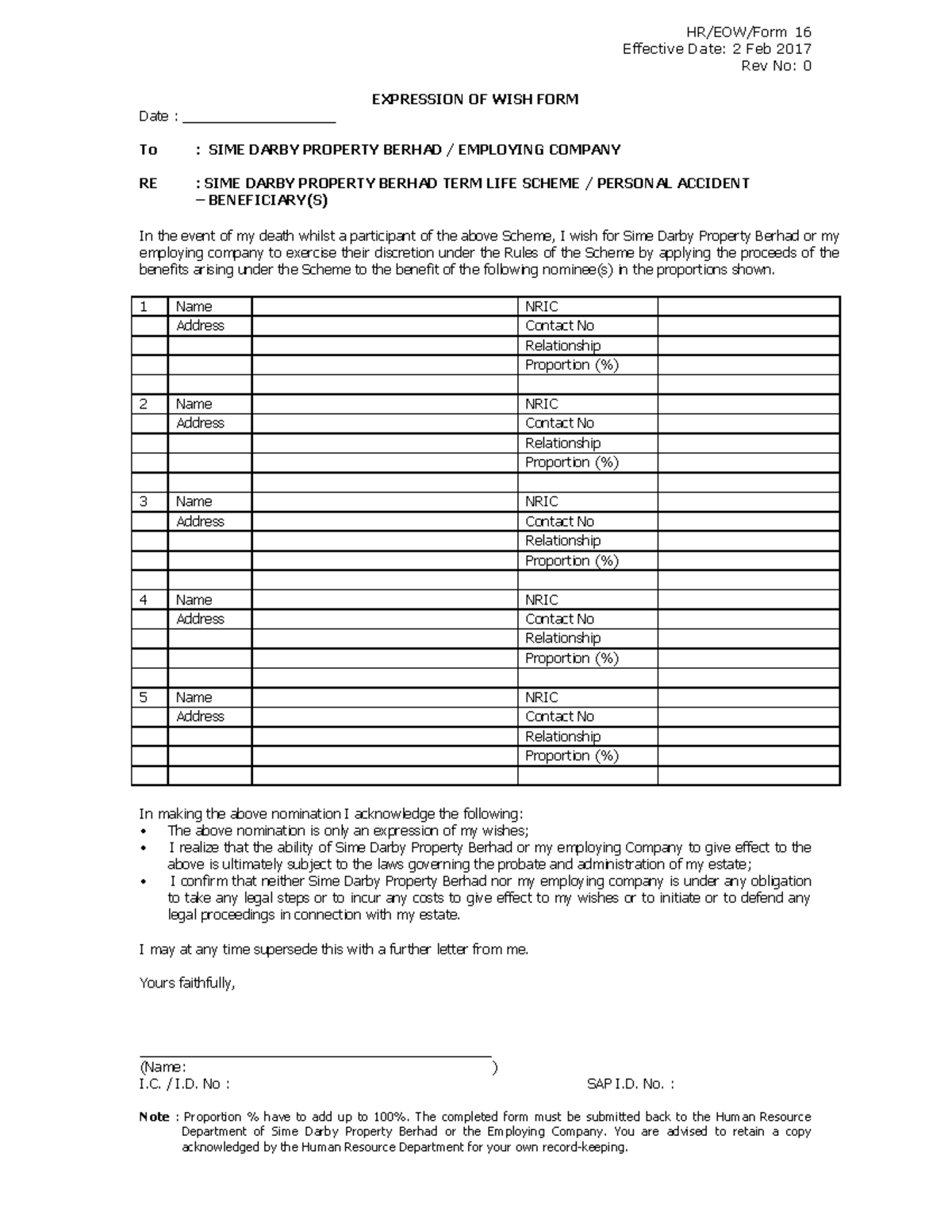 Expression of Wish Form HR/EOW/Form 16 Effective Date 2 Feb 2017 Rev
