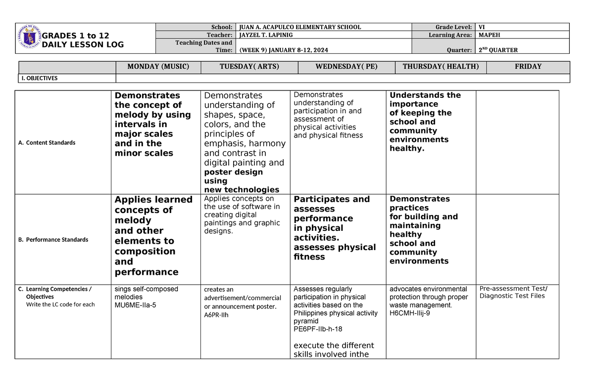 DLL Mapeh 6 Q2 W8 - THANKS - GRADES 1 to 12 DAILY LESSON LOG School ...