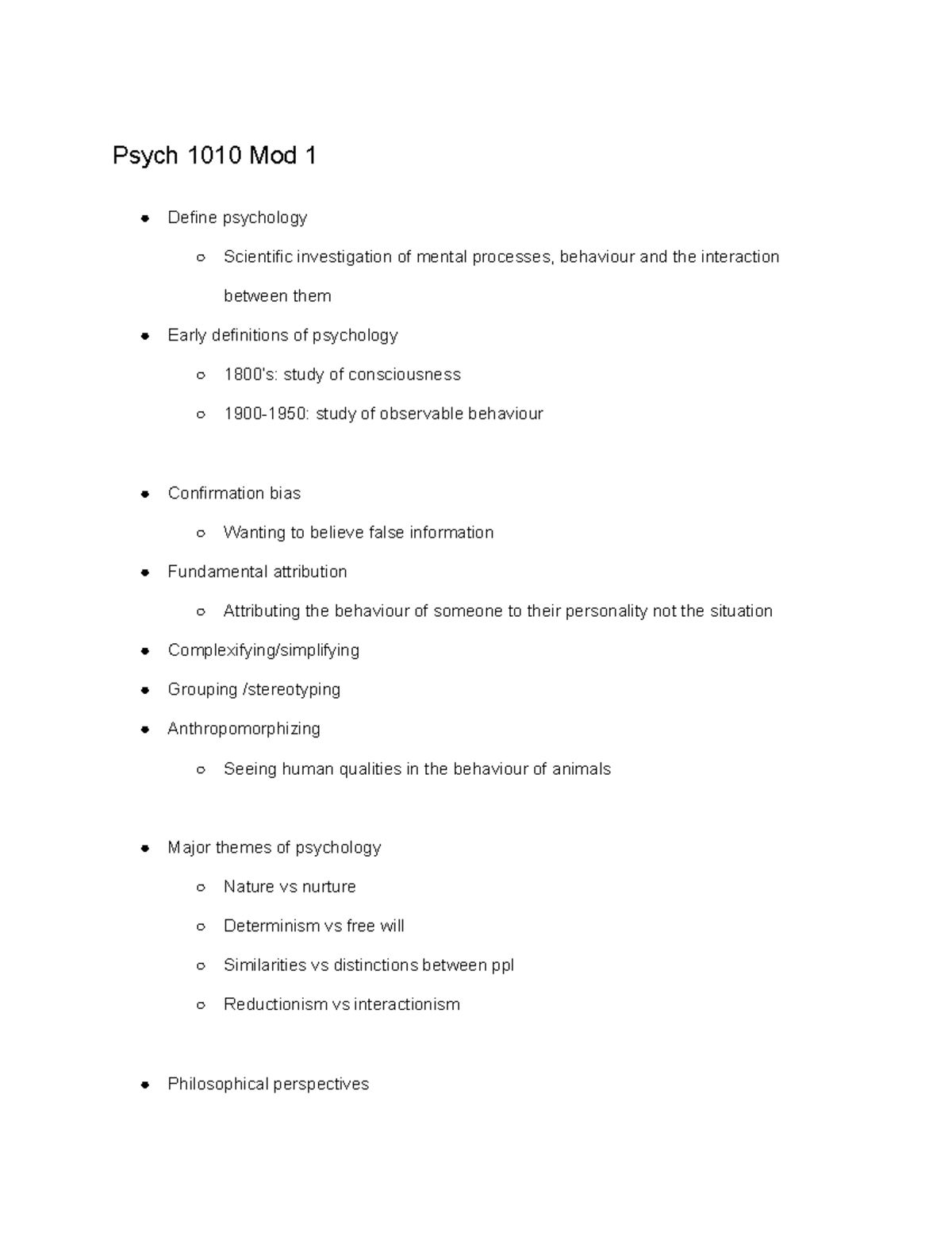 Psych 1010 notes - Psych 1010 Mod 1 Define psychology Scientific ...