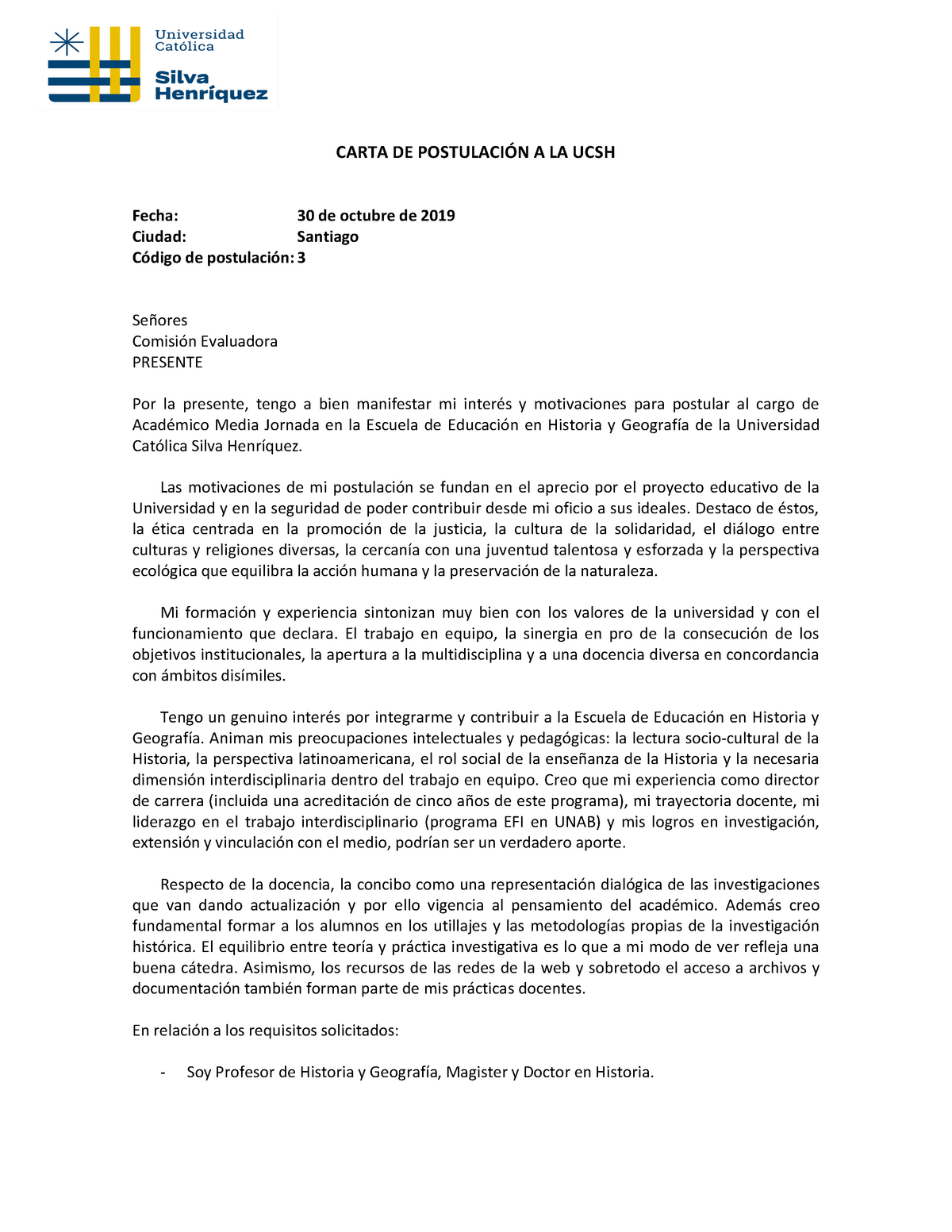 Udf Rs Carta Postulación Carta De PostulaciÓn A La Ucsh Fecha 30 De Octubre De 2019 Ciudad 8955