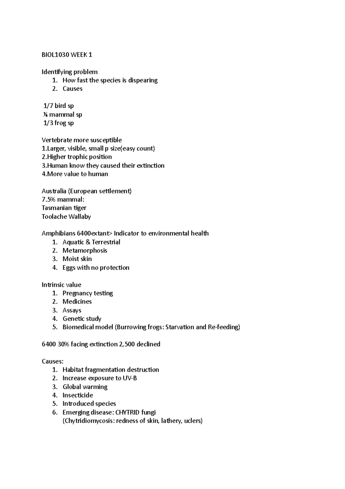 BIOL1030 WEEK 1 - How fast the species is dispearing 2. Causes 1/7 bird ...