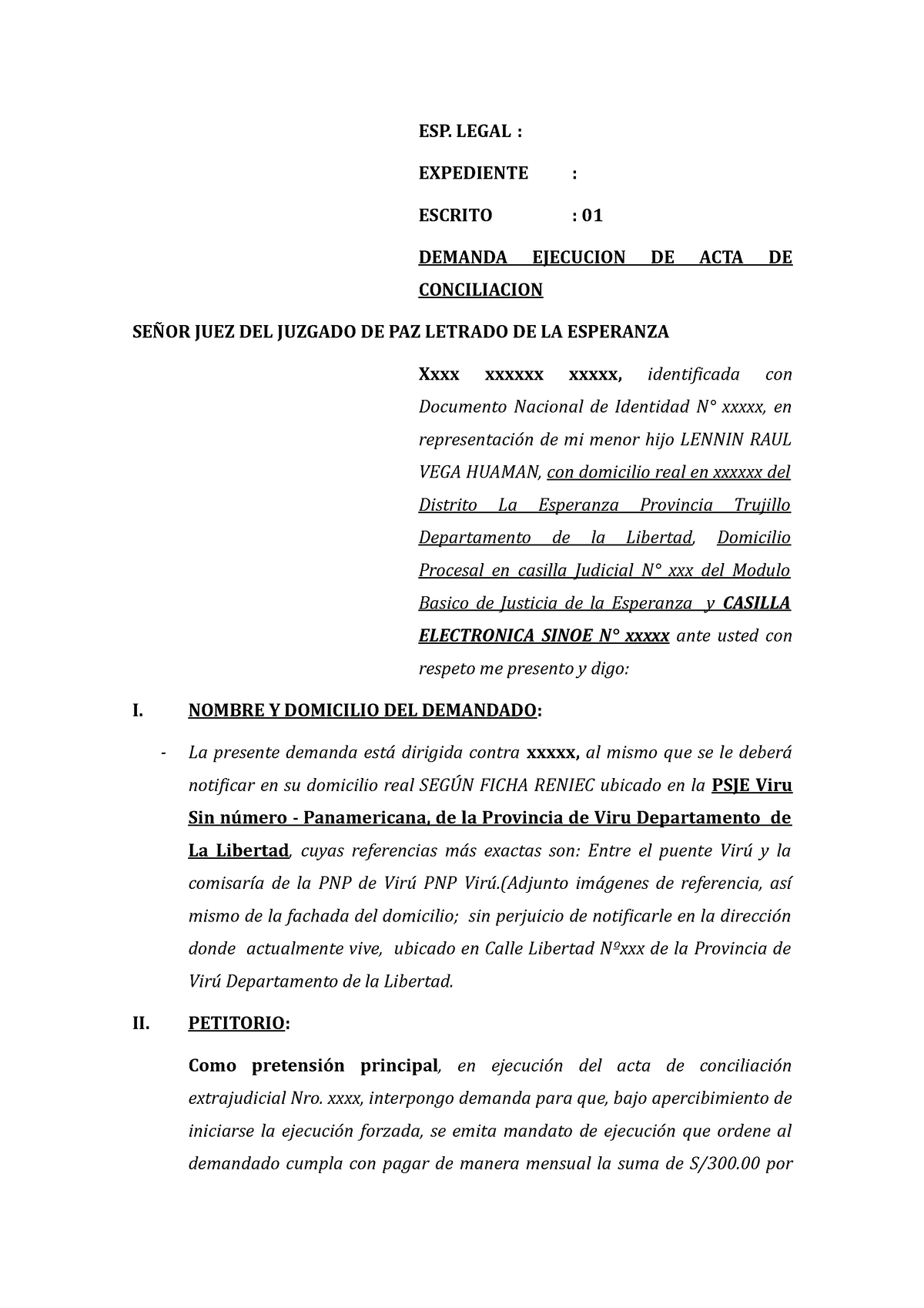 Demanda De Ejecución De Acta De Conciliación Esp Legal Expediente Escrito 01 Demanda 2314