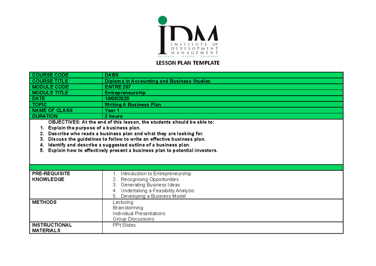 Lesson Plan Sample Template - LESSON PLAN TEMPLATE COURSE CODE DABS ...
