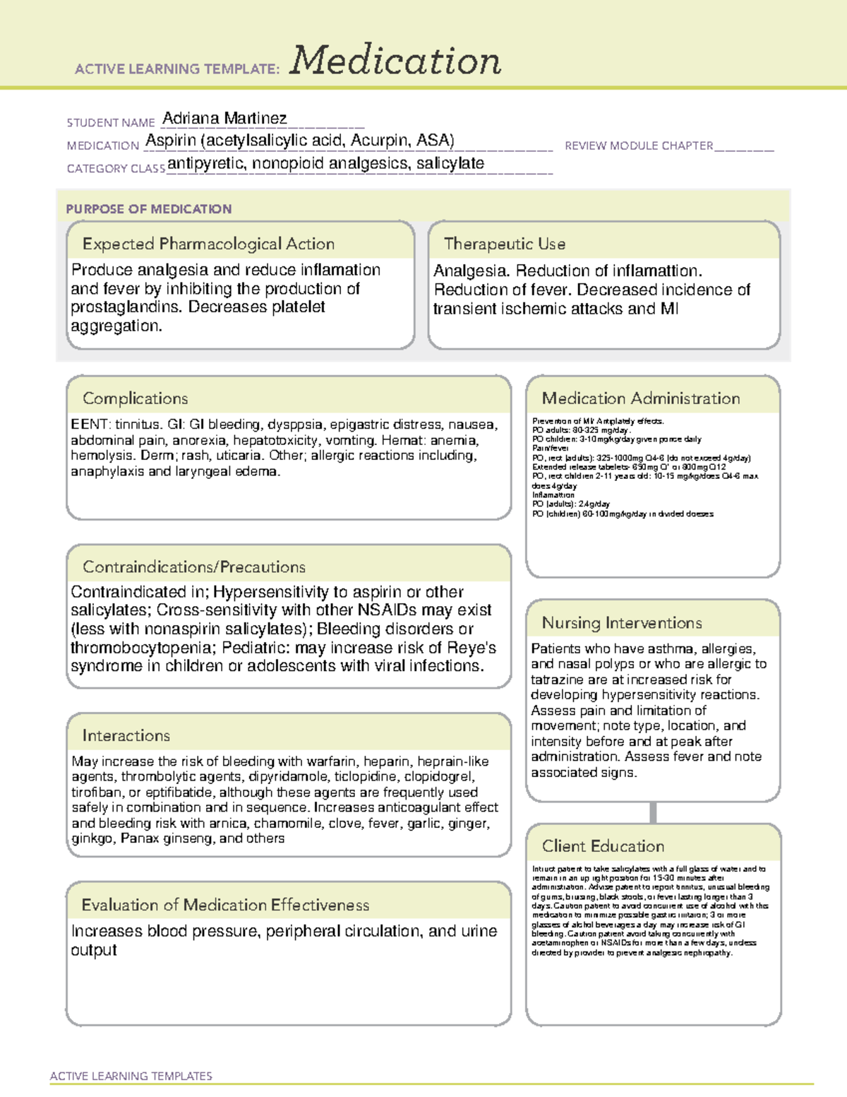 Aspirin Med Card ACTIVE LEARNING TEMPLATES Medication STUDENT NAME 