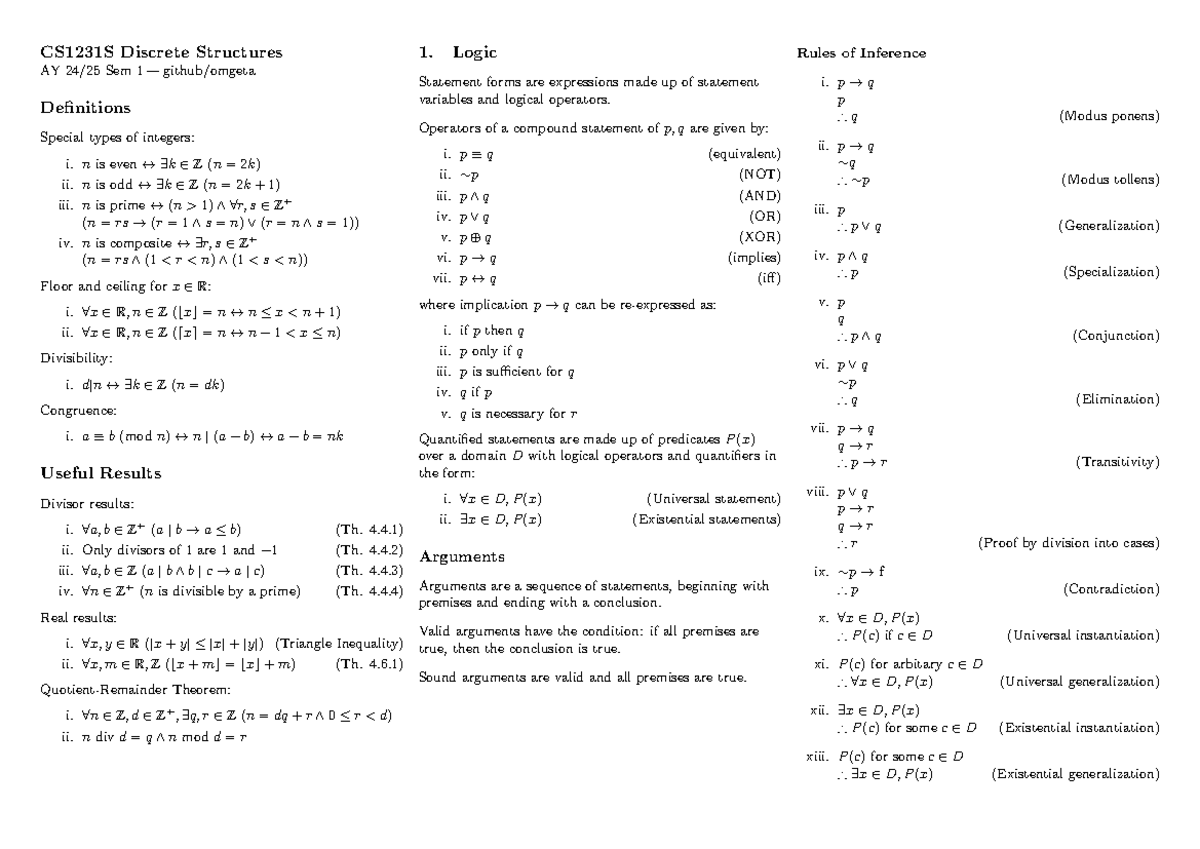 Cheatsheet - CS1231S Discrete Structures AY 24/25 Sem 1 — github/omgeta ...