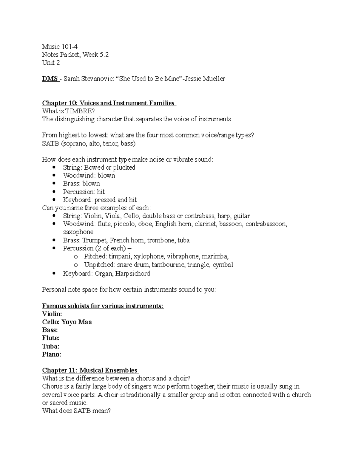 5.2 Lecture notes - Instruments Ensembles - Music 101- Notes Packet ...