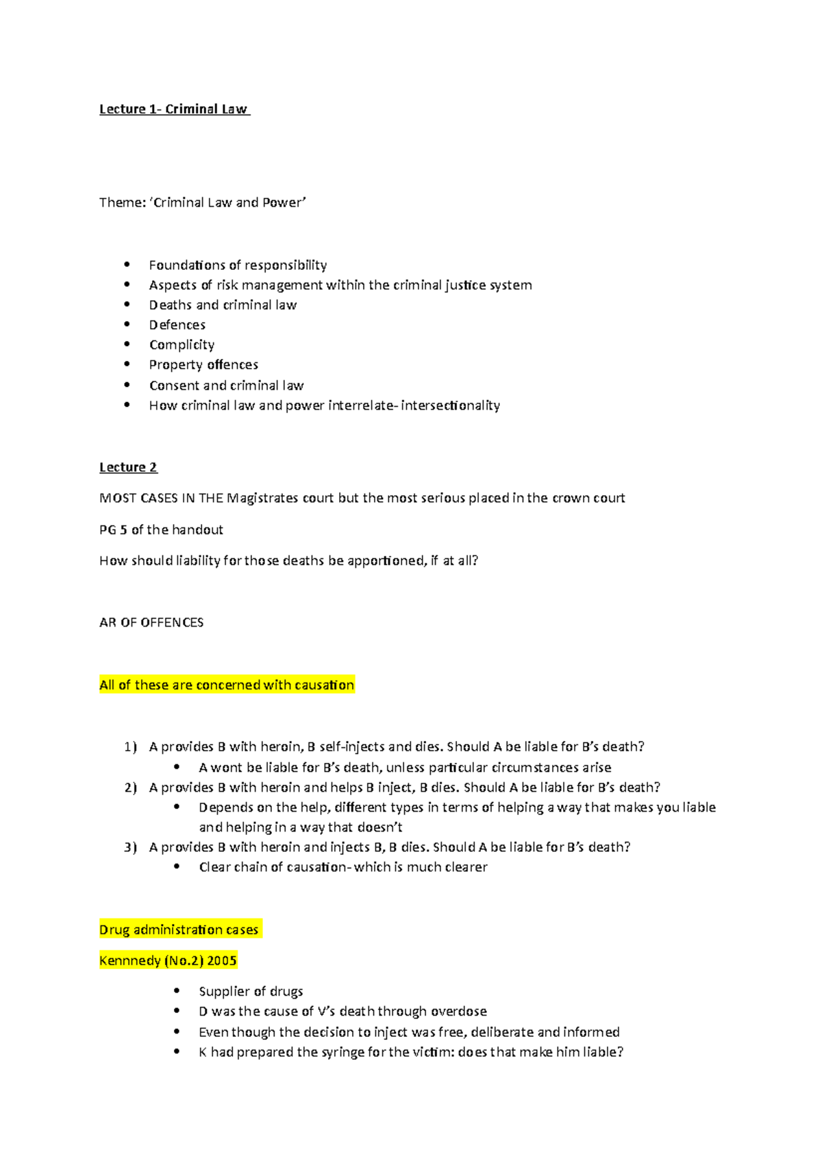 Lecture 1 and 2 crim - Summary notes - Lecture 1- Criminal Law Theme ...