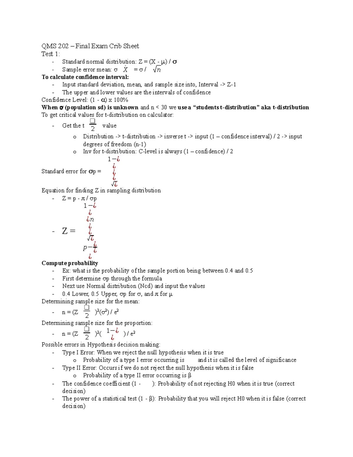 QMS 202 Final Exam Crib Sheet QMS 202 Final Exam Crib Sheet Test 1