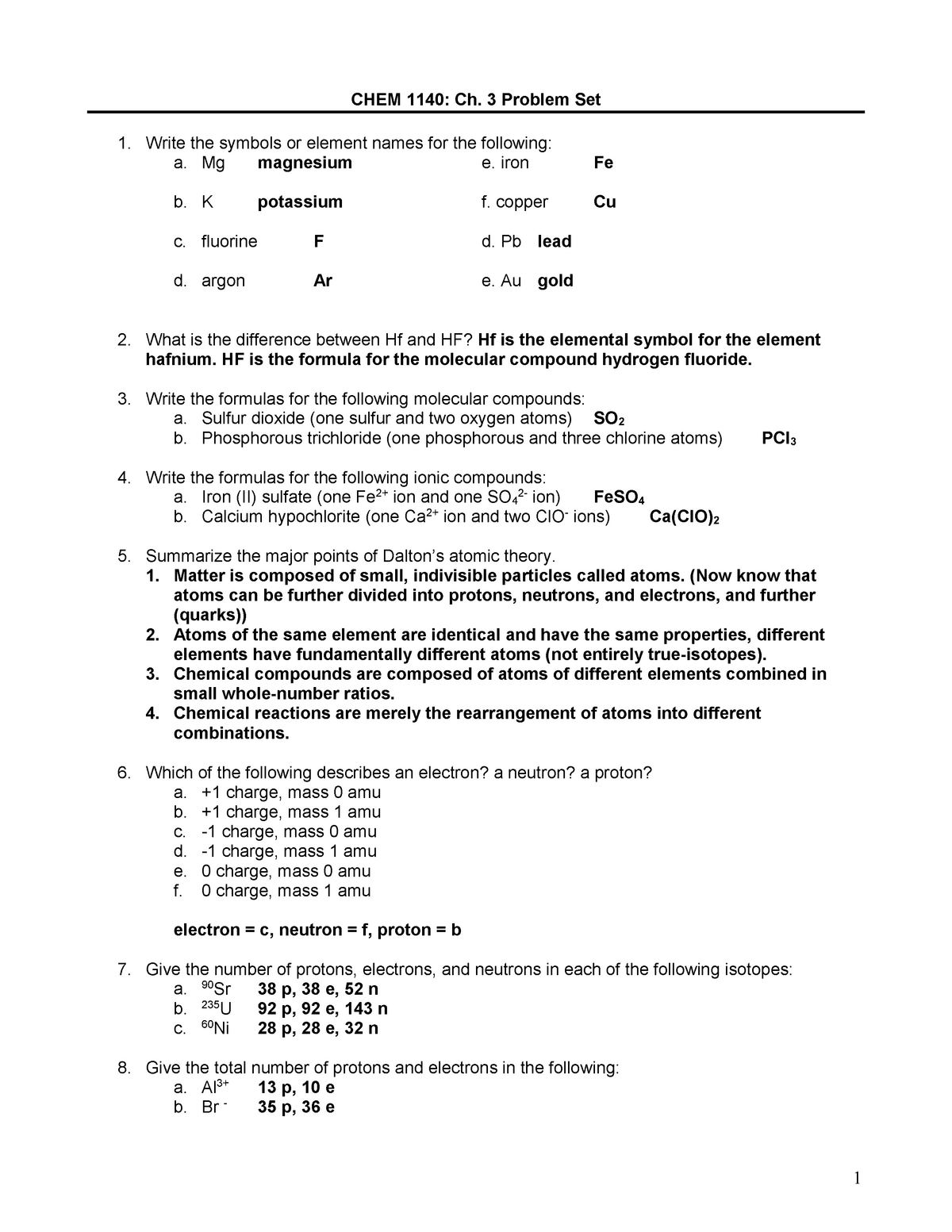 Chapter 24 - Atomic Theory Problem Set Answer - CHEM 24: Ch. 24 With Atomic Theory Worksheet Answers