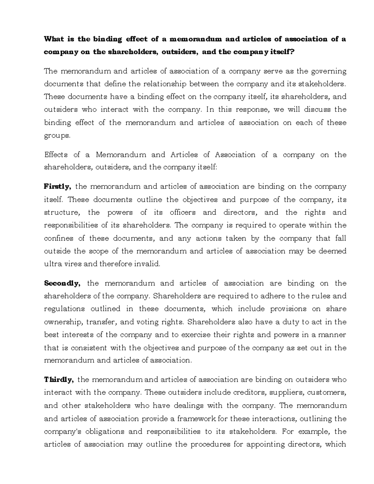 Company law3 What is the binding effect of a memorandum and articles
