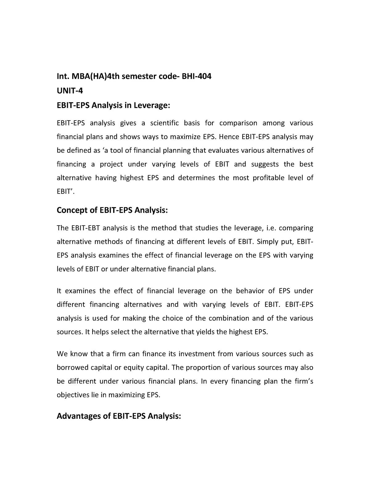 EBIT-EPS Analysis , Leverage Analysis ,uses - Int. MBA(HA)4th Semester ...