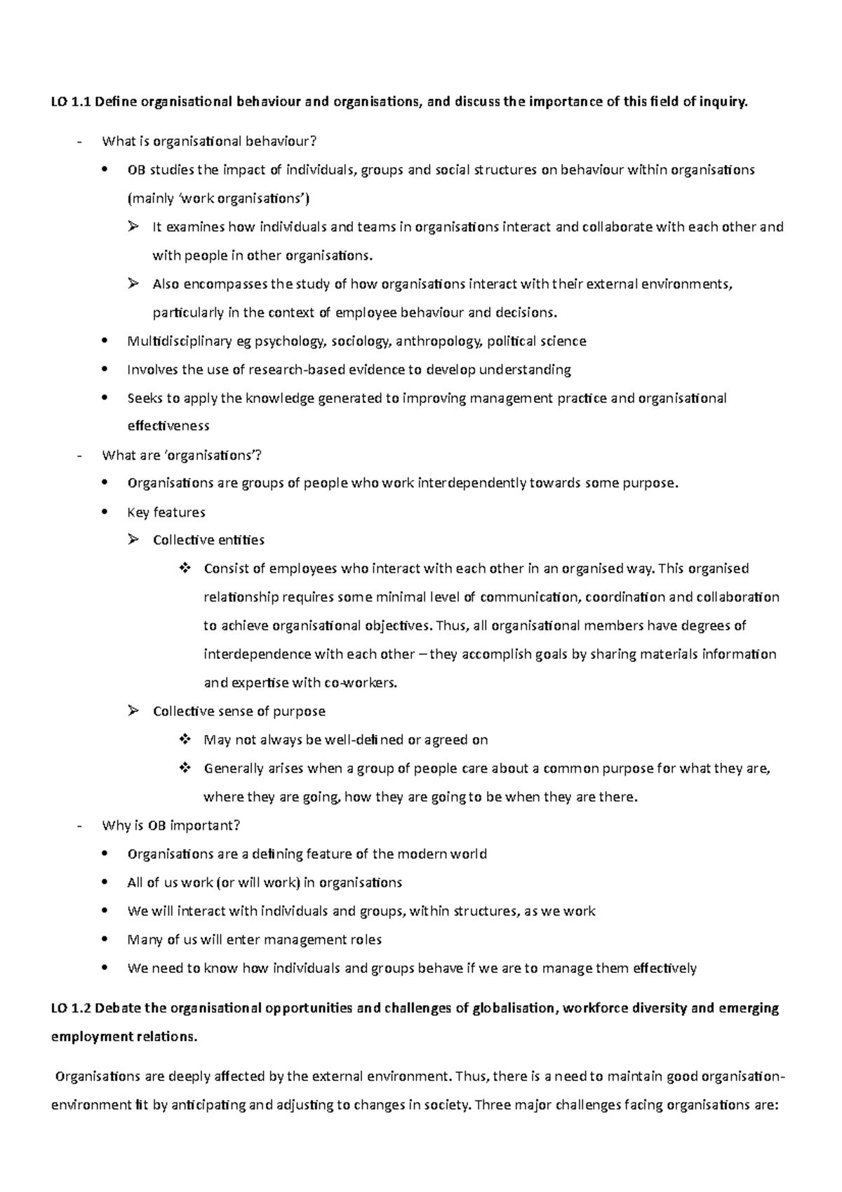 Week 1 Lecture Notes - LO 1 Define Organisational Behaviour And ...