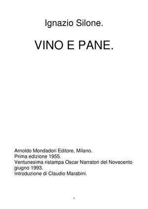 Ignazio Silone. VINO E PANE. Arnoldo Mondadori Editore, Milano. Prima -  Studocu