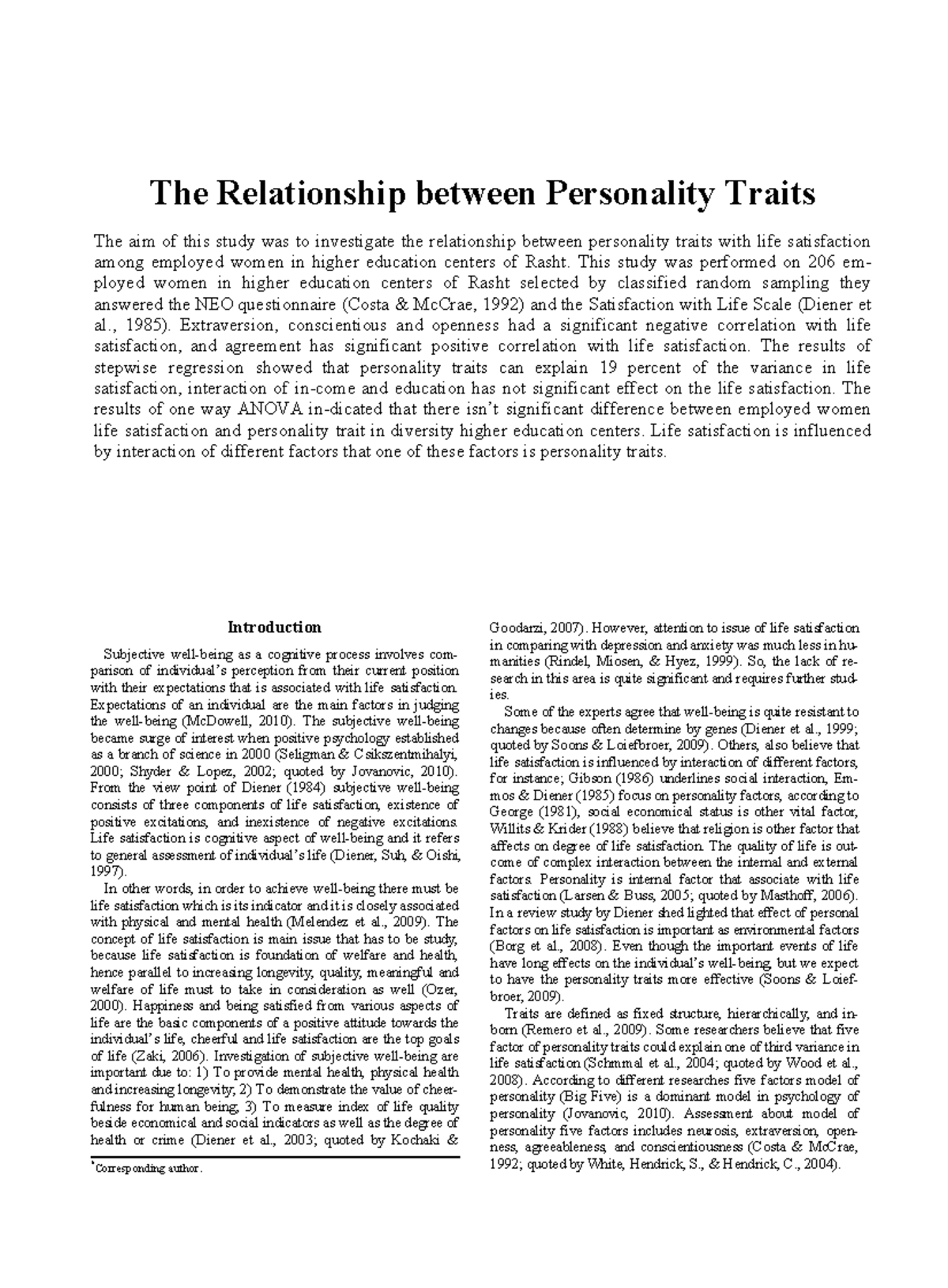 The Relationship Between Personality Traits - This Study Was Performed ...