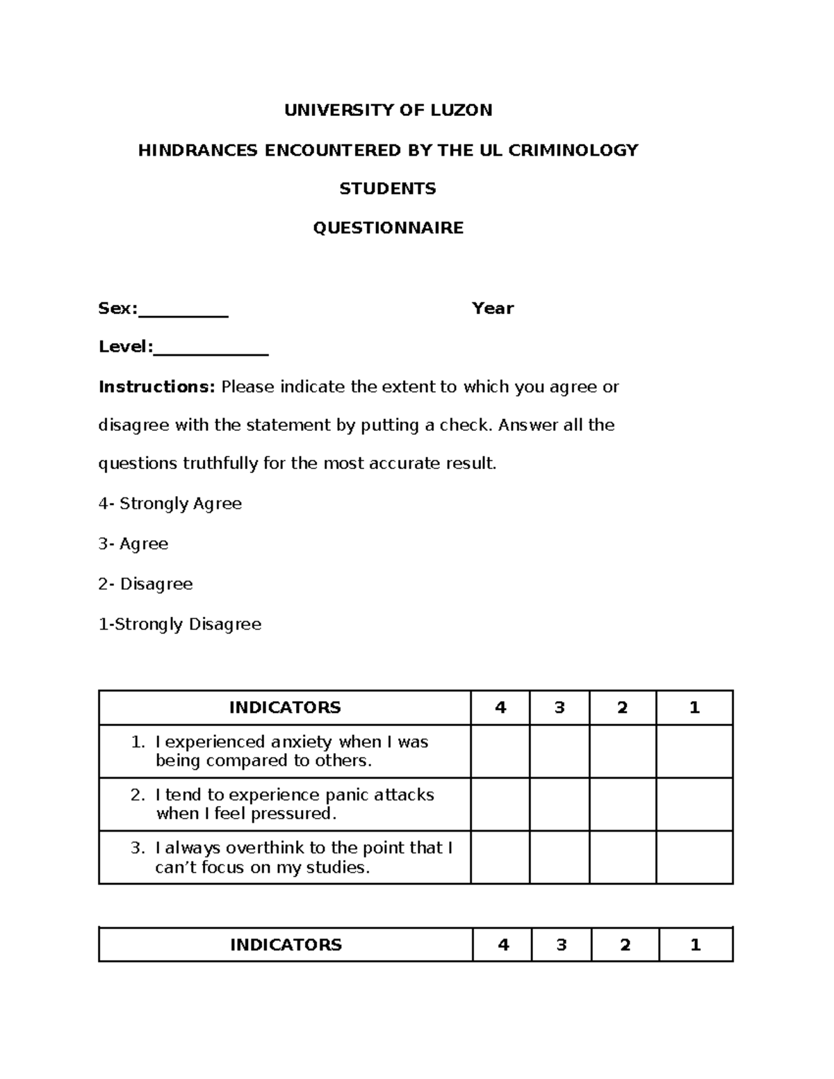 Questionnaire-UL - LECTURE NOTES - UNIVERSITY OF LUZON HINDRANCES ...