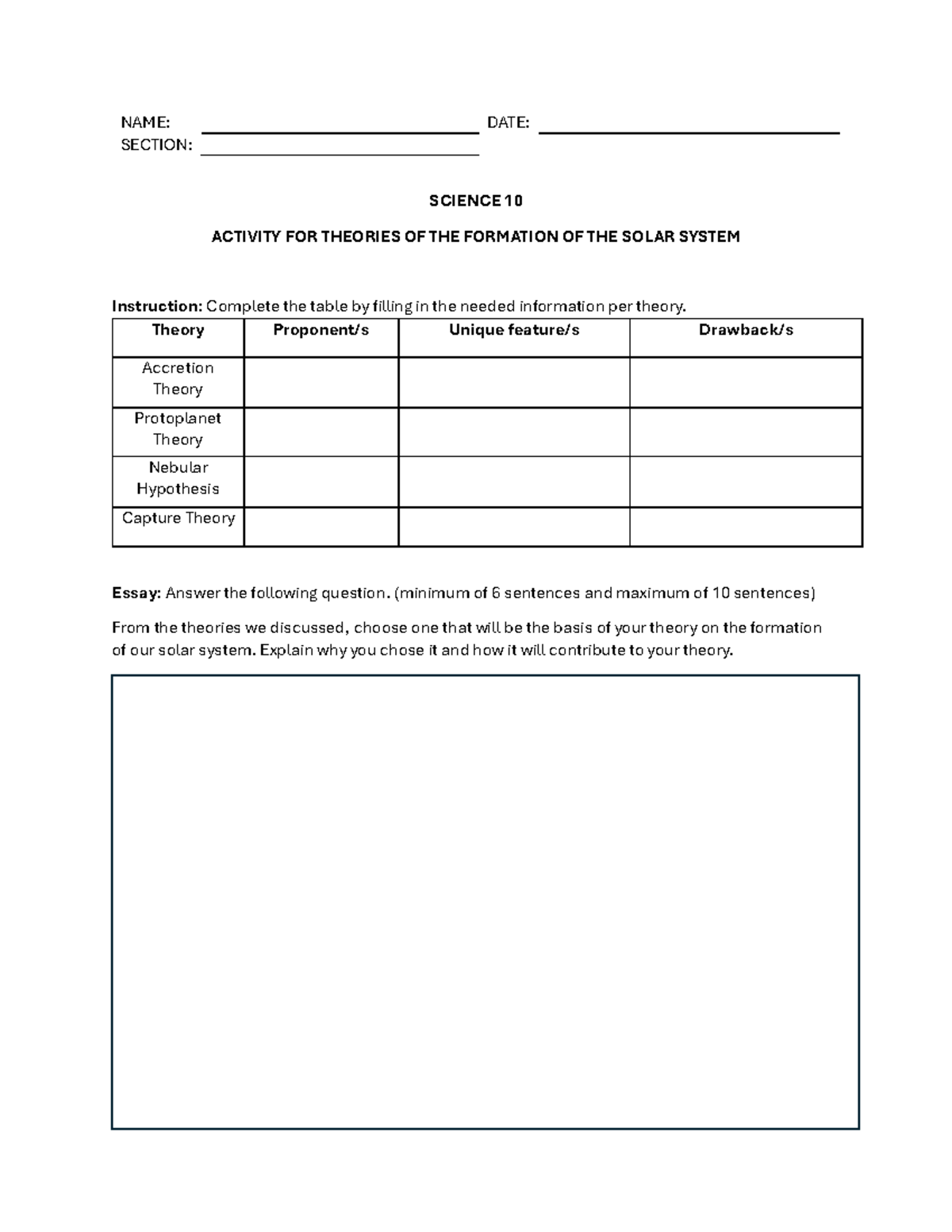 Science Activity - NAME: DATE: SECTION: SCIENCE 10 ACTIVITY FOR ...