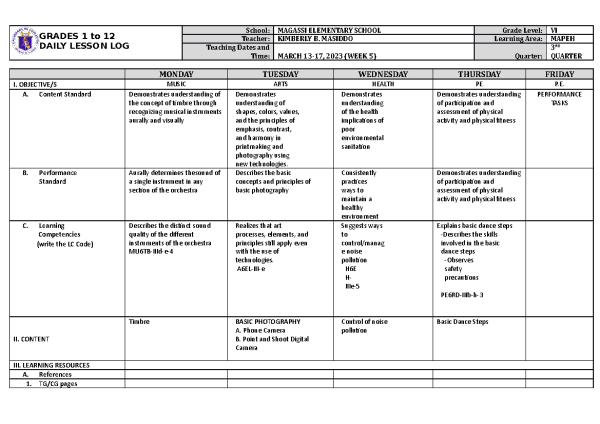 DLL Mapeh 6 Q3 W5 - sfawfsgsdfg - GRADES 1 to 12 DAILY LESSON LOG ...