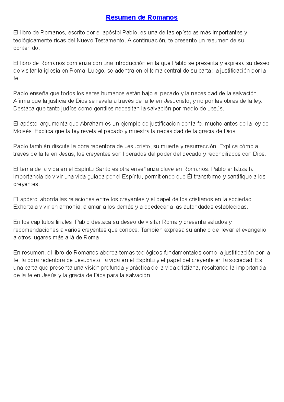 Resumen de Romanos - A continuación, te presento un resumen de su ...
