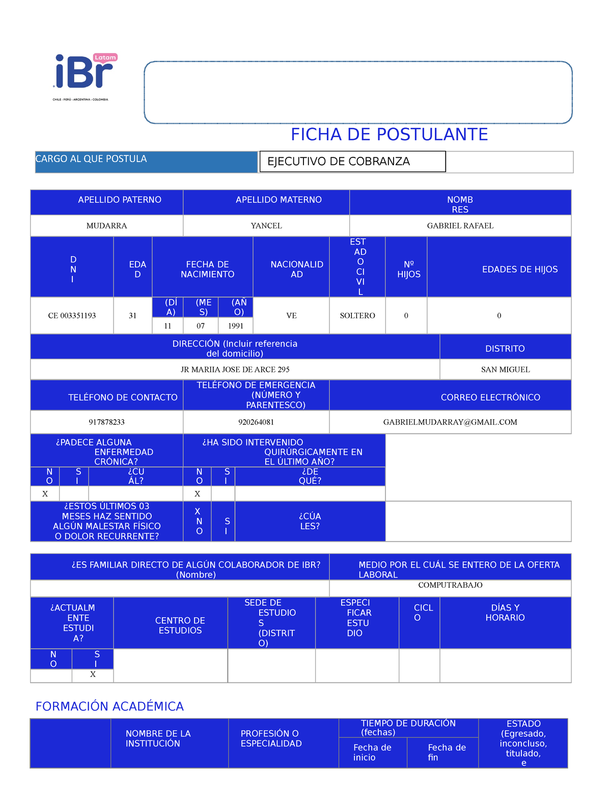 Ficha De Postulante Ibr Cargo Al Que Postula Ficha De Postulante Apellido Paterno Apellido