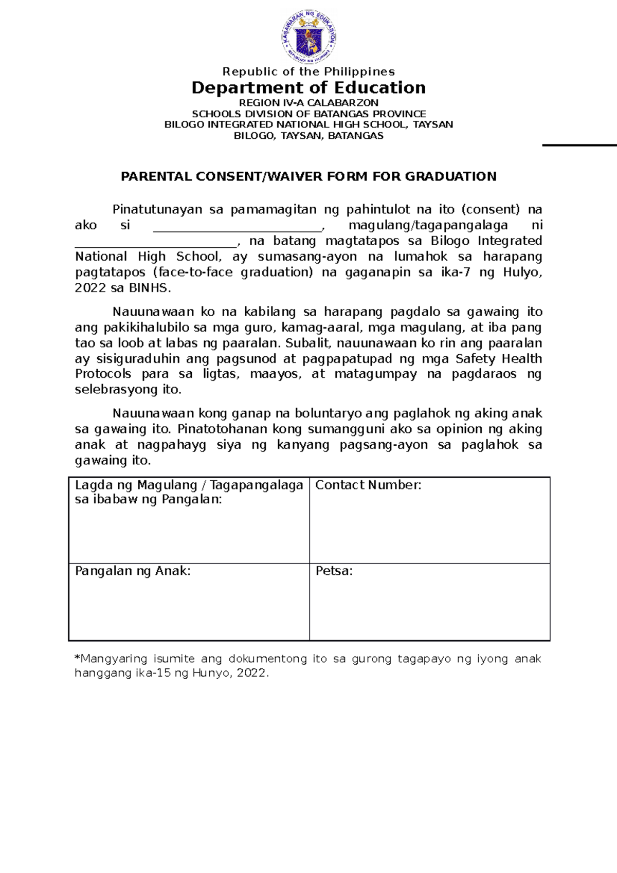 Parental Consent FOR Graduation AND Moving UP - Republic of the ...