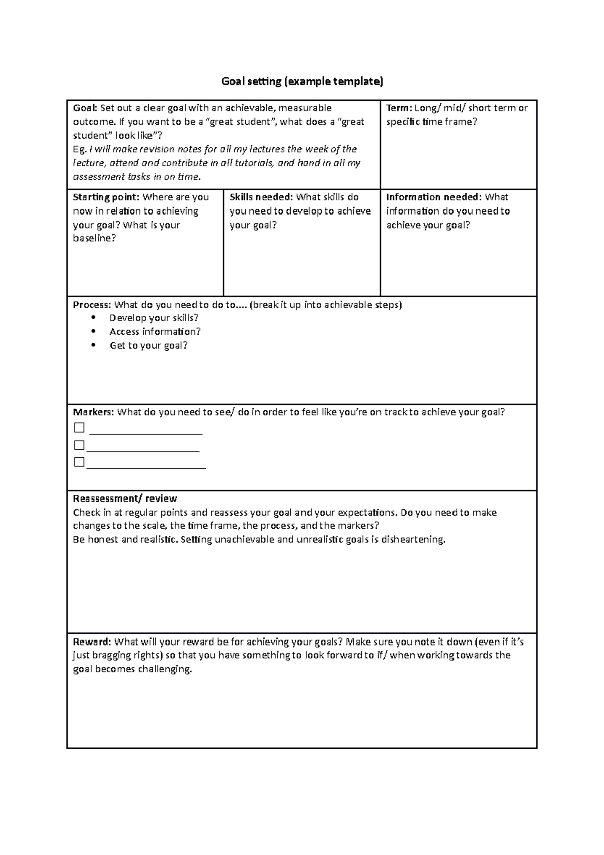 Goal setting - Activity - Goal setting (example template) Goal: Set out ...