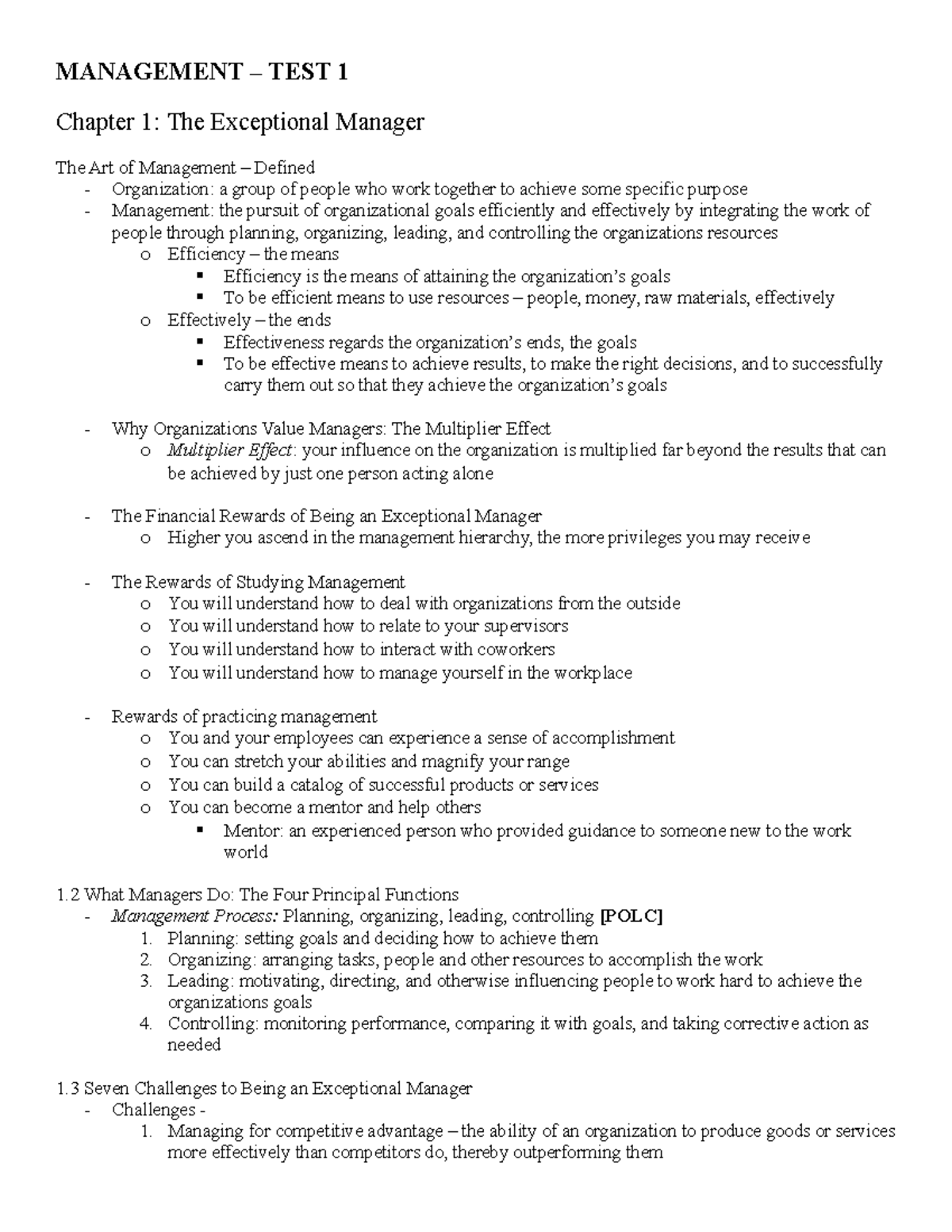 Management – TEST 1 (Autosaved) - MANAGEMENT – TEST 1 Chapter 1: The ...