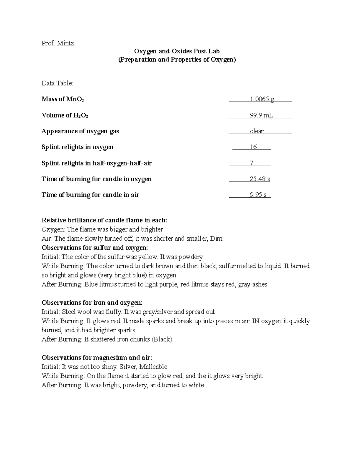 Oxygen Post Lab - Prof. Mintz Oxygen and Oxides Post Lab (Preparation ...