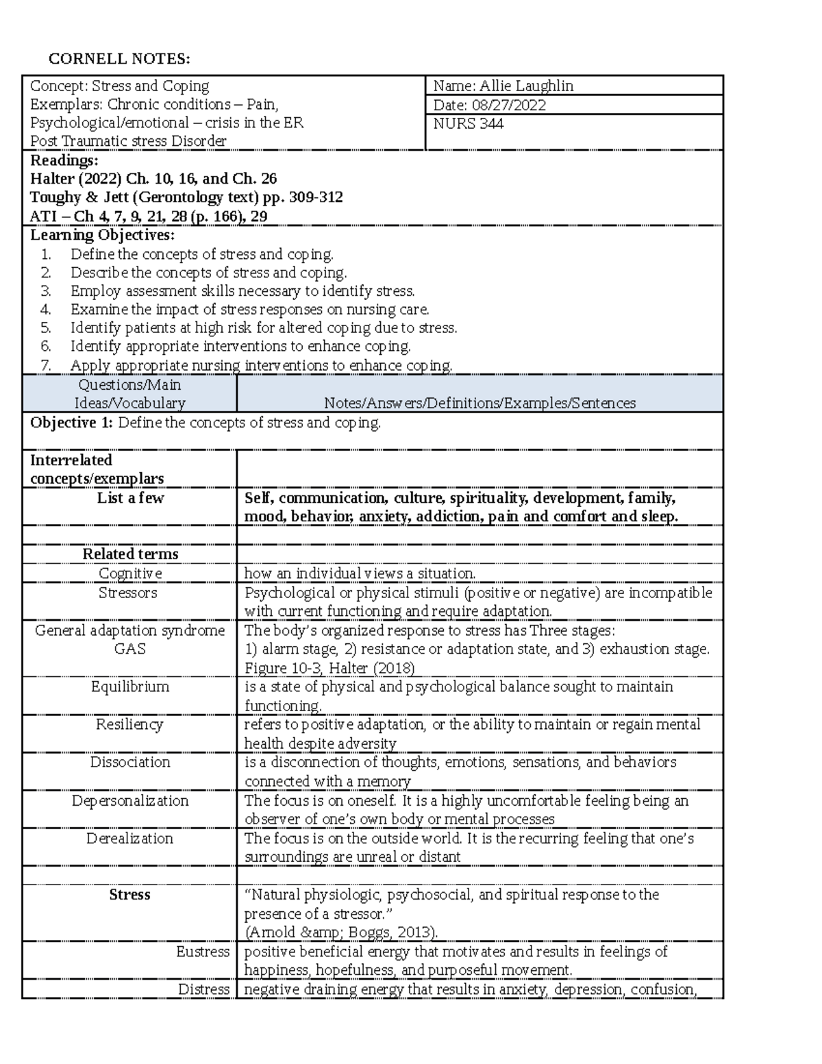 Stress and coping notes - CORNELL NOTES: Concept: Stress and Coping ...