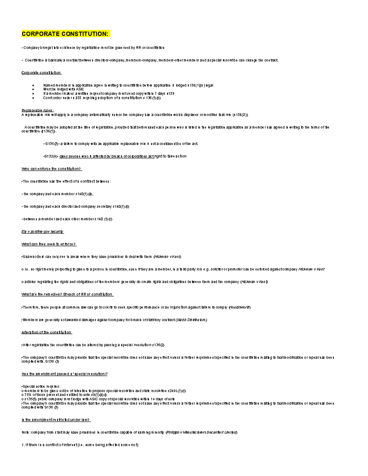 Corporations exam notes - CORPORATE CONSTITUTION: Company brought into ...
