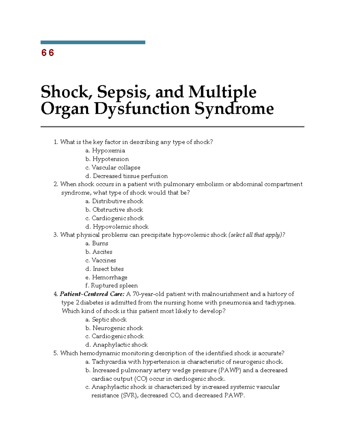 Chapter 66 - Practice Materials - Shock, Sepsis, And Multiple Organ ...