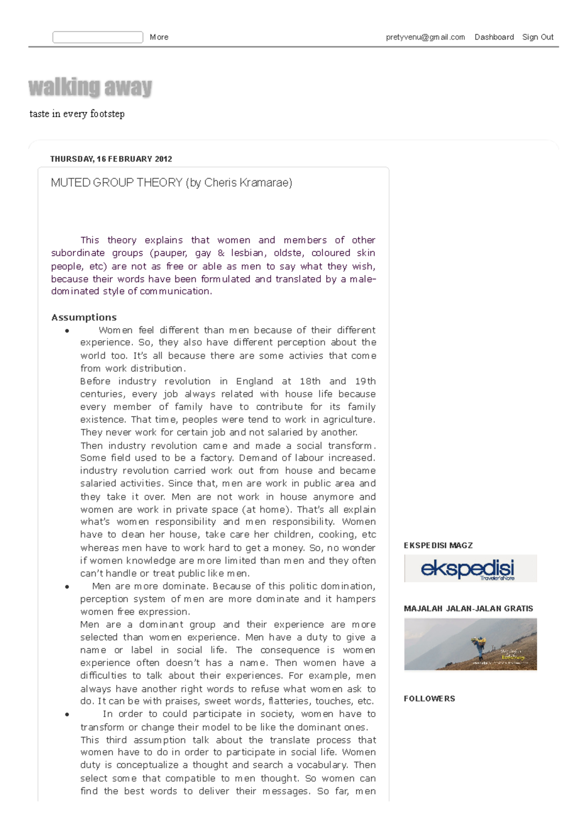 Walking away Muted Group Theory (by Cheris Kramarae) taste in every