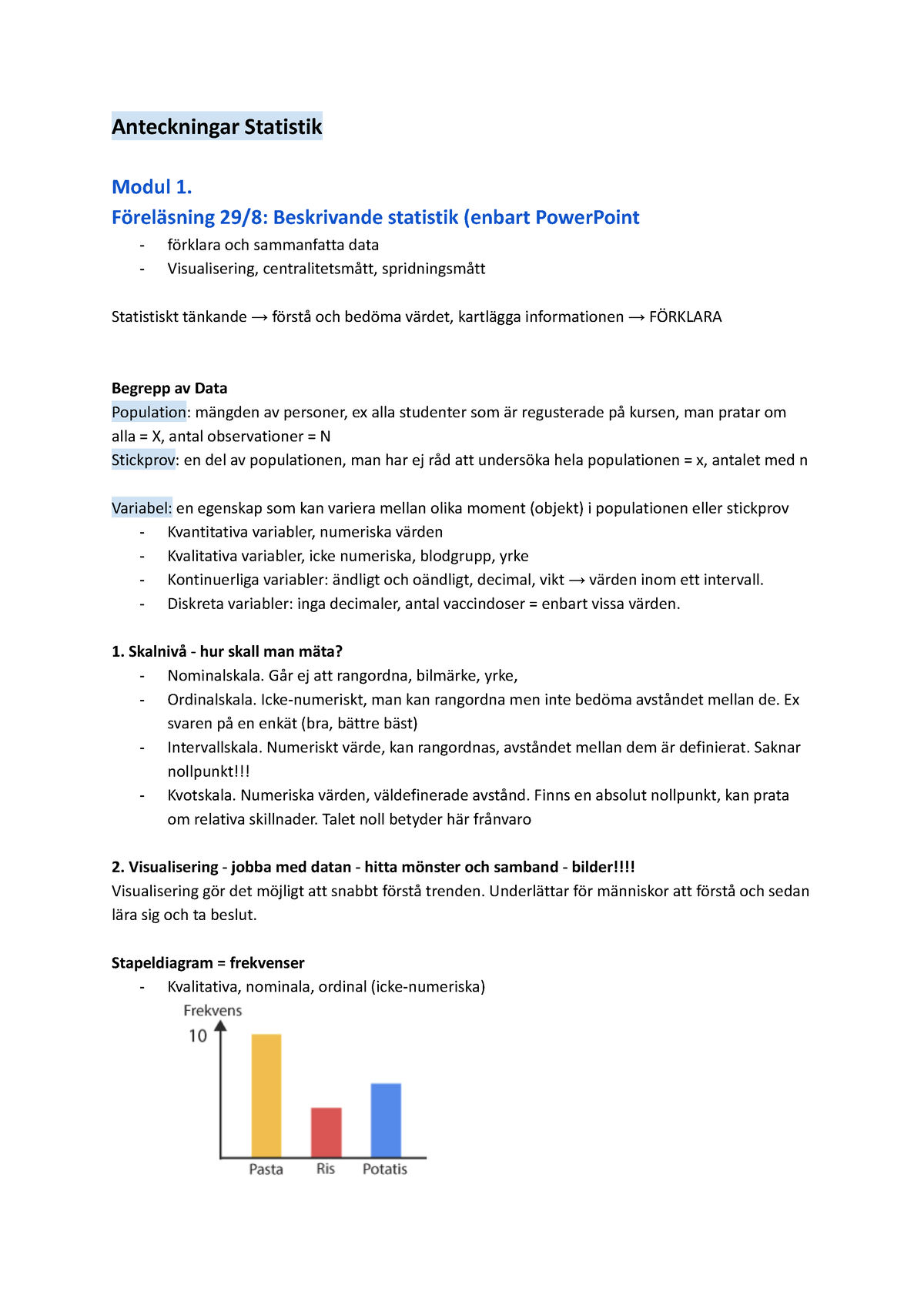 Anteckningar Statisik - Anteckningar Statistik Modul 1. Föreläsning 29/ ...