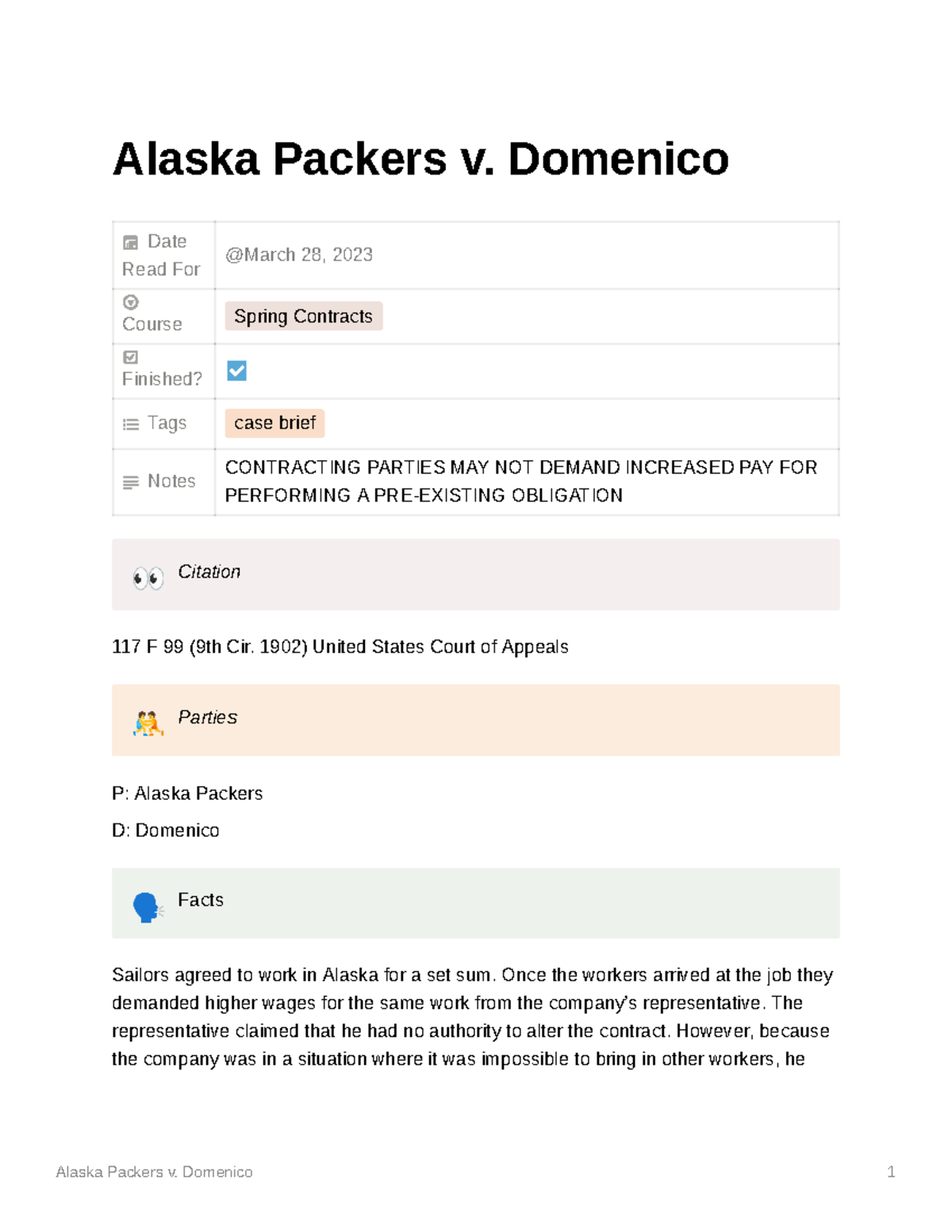 Alaska Packers v. Domenico - Alaska Packers v. Domenico Date Read For