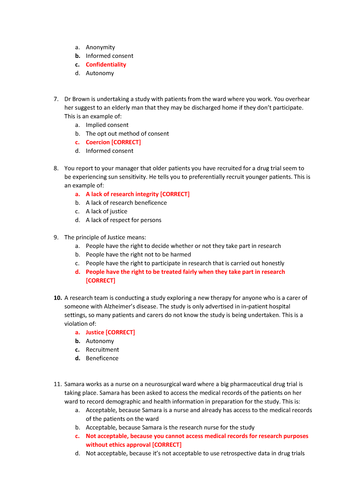 NSG2NMR Sem 2 2022 Quiz 3 Answer Guide 2-2 - a. Anonymity b. Informed ...