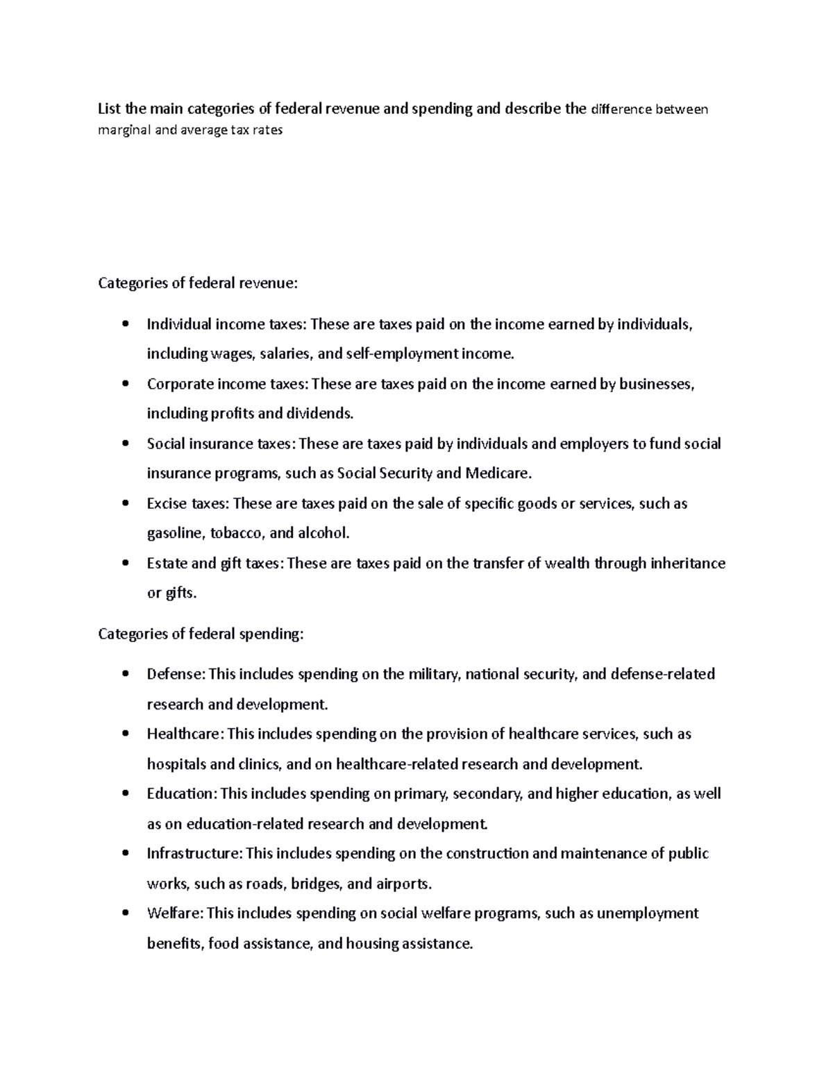 list-the-main-categories-of-federal-revenue-and-spending-and-describe