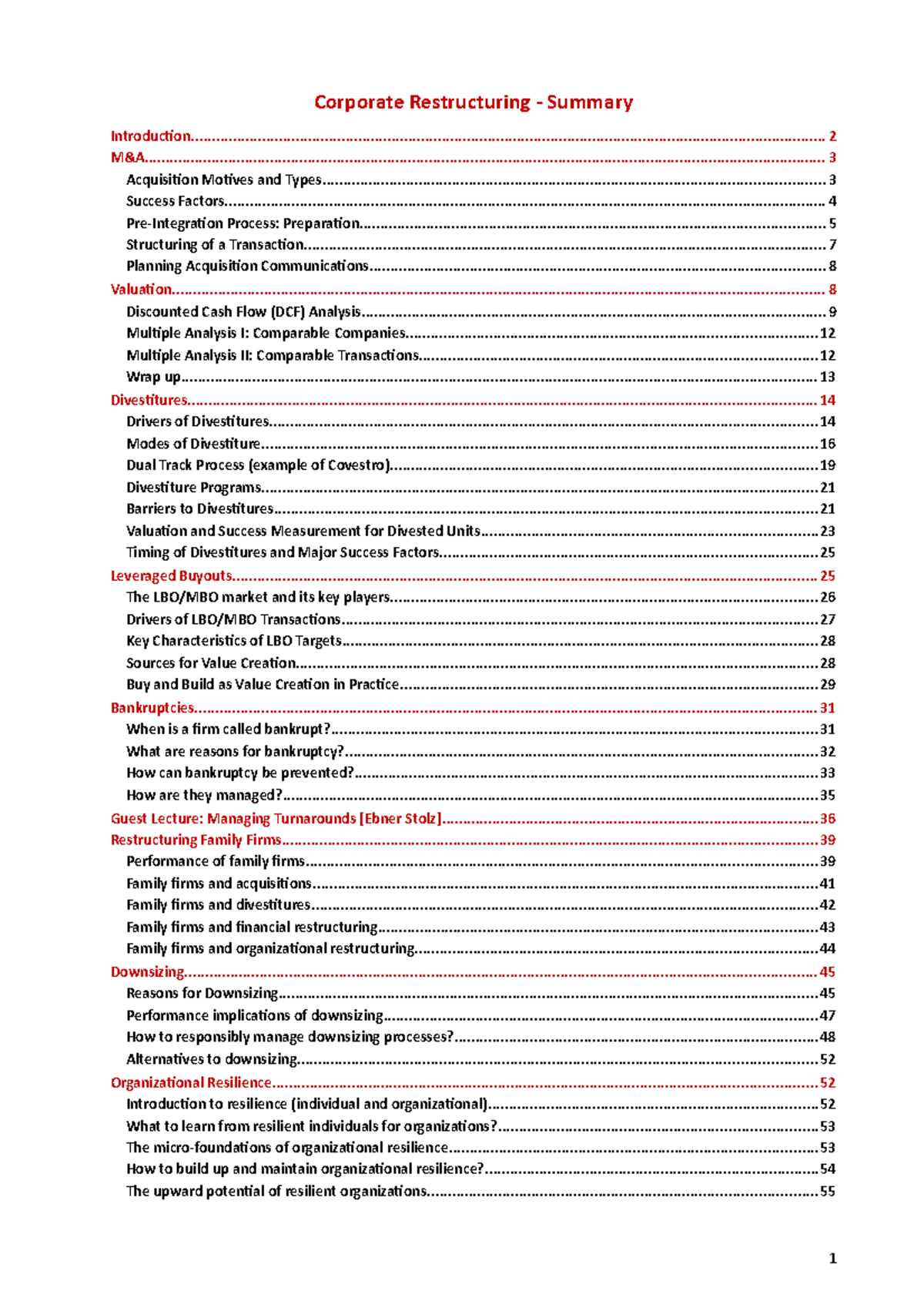 Corporate Restructuring Summary Corporate Restructuring Summary