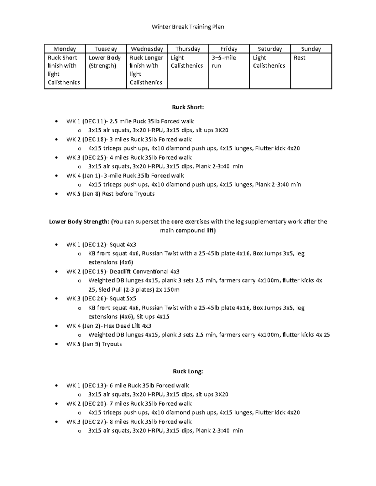 Winter Brk Training plan - Winter Break Training Plan Monday Tuesday ...